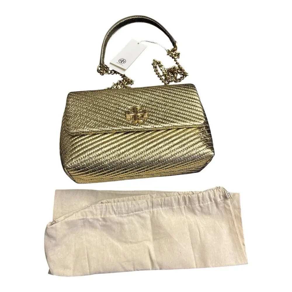 Tory Burch Kira Metallic Moto Quilt Small Convertible Shoulder Bag Gold New
